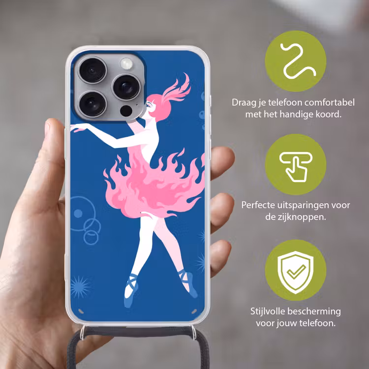 Danseres - Vlammenrok - Abstract - Roze - Blauw Hoesje iPhone 16 Pro Max met koord klein -sfeer2_NL