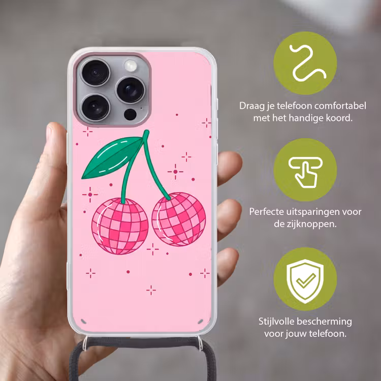 Decoratie - Disco-bal - Feest - Roze Hoesje iPhone 16 Pro Max met koord klein -sfeer2_NL