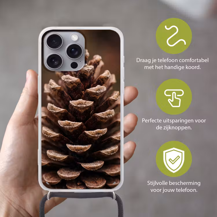 Dennenappel - Bos - Herfst - Bruin - Sfeervol Hoesje iPhone 16 Pro Max met koord klein -sfeer2_NL