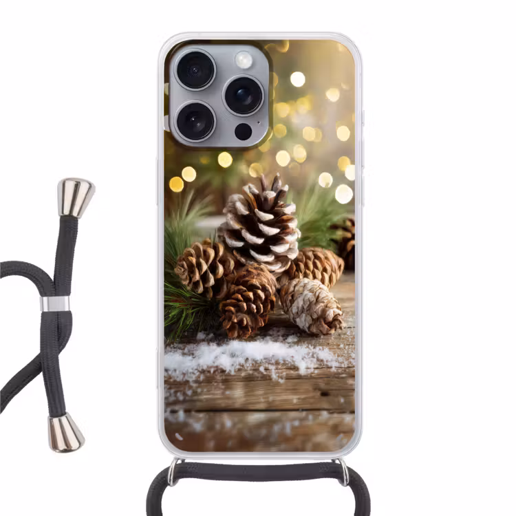 Dennenappels - Kerstsfeer - Bruin - Groen Hoesje iPhone 16 Pro Max met koord klein -3d