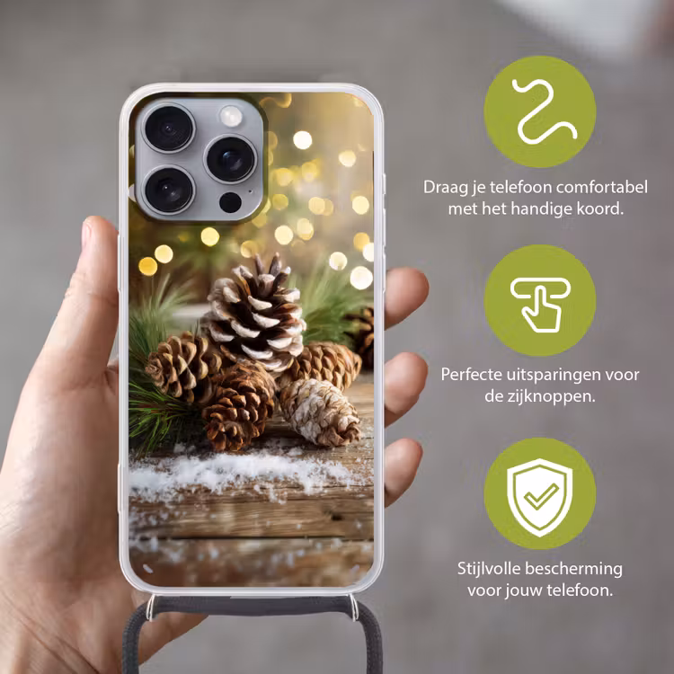 Dennenappels - Kerstsfeer - Bruin - Groen Hoesje iPhone 16 Pro Max met koord klein -sfeer2_NL