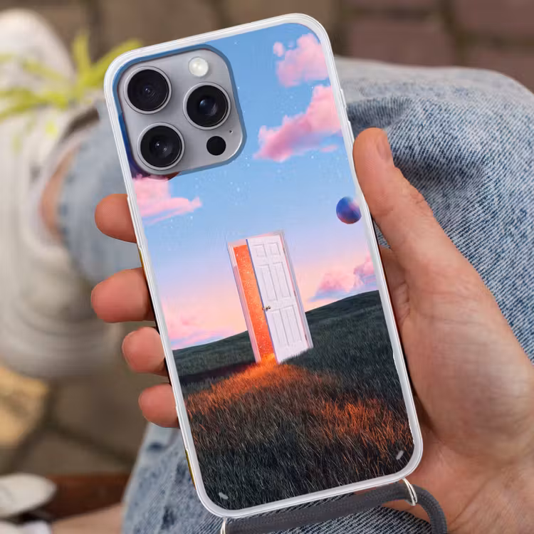 Telefoonhoesje met koord - Deur - Fantasie - Ruimte - Deur - Fantasie - Ruimte Hoesje iPhone 16 Pro Max met koord klein