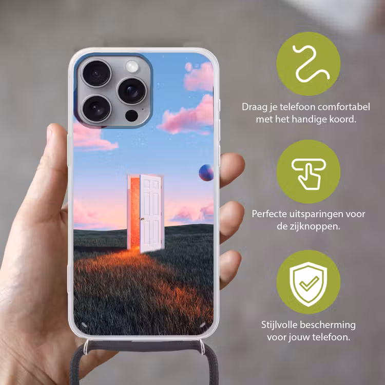 Telefoonhoesje met koord - Deur - Fantasie - Ruimte - Deur - Fantasie - Ruimte Hoesje iPhone 16 Pro Max met koord klein