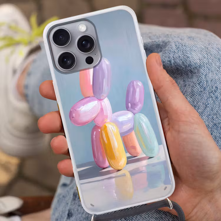 Dier - Ballon - Pasteltinten - Glanzend Hoesje iPhone 16 Pro Max met koord klein -sfeer3