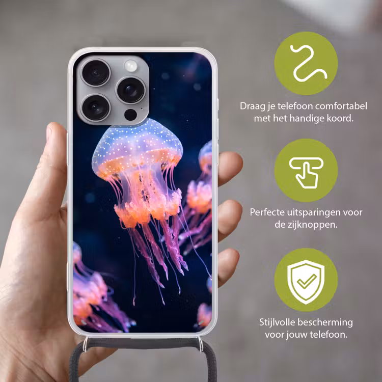 Dier - Onderwater - Natuur - Roze - Mysterieus Hoesje iPhone 16 Pro Max met koord klein -sfeer2_NL