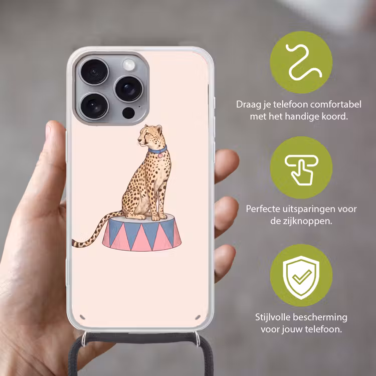 Dieren - Circus - Illustratie - Vintage - Roze Hoesje iPhone 16 Pro Max met koord klein -sfeer2_NL