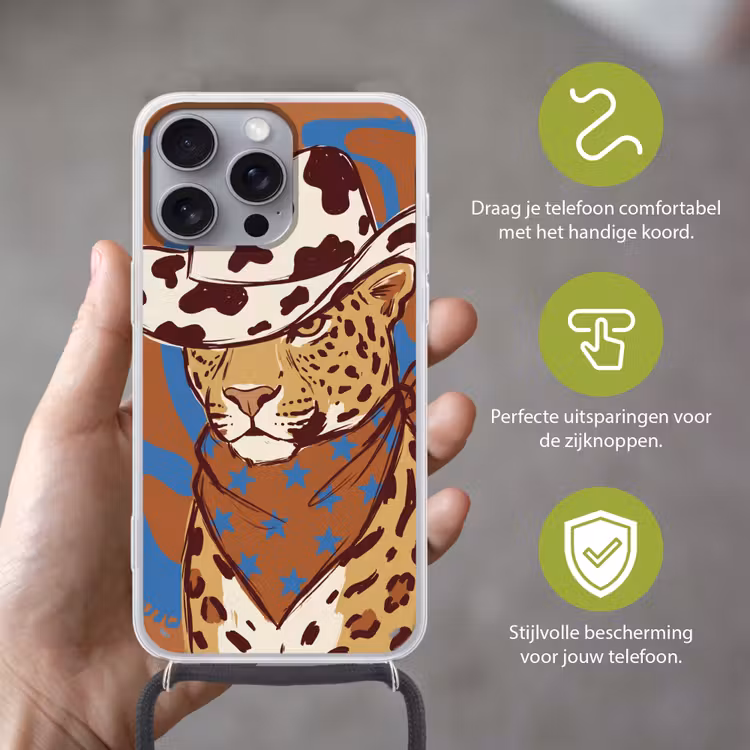 Dieren - Cowboyhoed - Modern - Illustratie - Bruin Hoesje iPhone 16 Pro Max met koord klein -sfeer2_NL