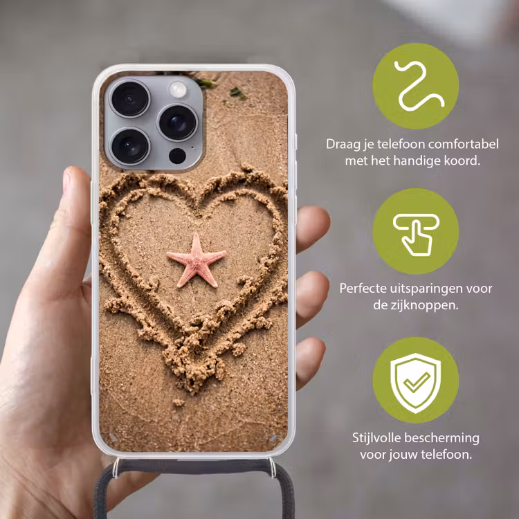 Dieren - Hart - Strand - Zand - Roze Hoesje iPhone 16 Pro Max met koord klein -sfeer2_NL