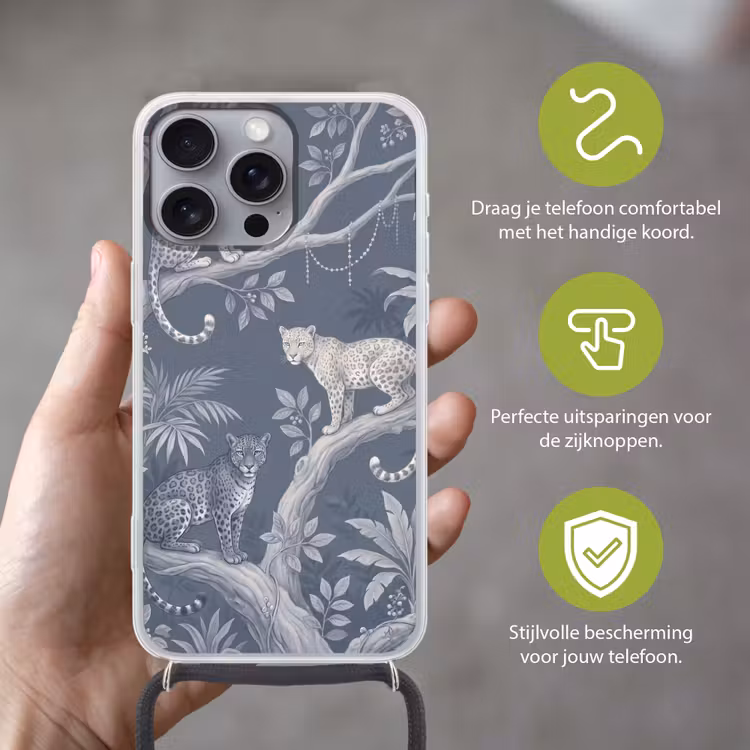 Dieren - Jungle - Illustratie - Bomen - Blauw Hoesje iPhone 16 Pro Max met koord klein -sfeer2_NL