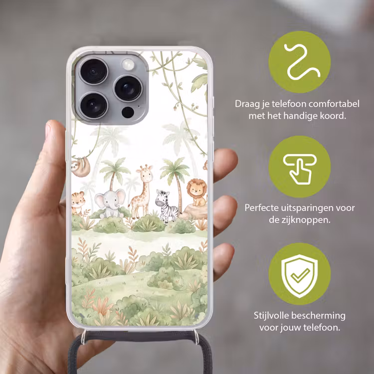 Dieren - Jungle - Pastel Hoesje iPhone 16 Pro Max met koord klein -sfeer2_NL