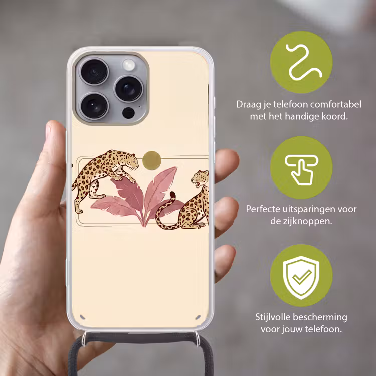 Dieren - Kat - Jungle - Illustratie - Beige Hoesje iPhone 16 Pro Max met koord klein -sfeer2_NL