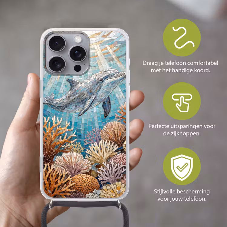 Dieren - Mozaïek - Oceaan - Koraal - Blauw Hoesje iPhone 16 Pro Max met koord klein -sfeer2_NL
