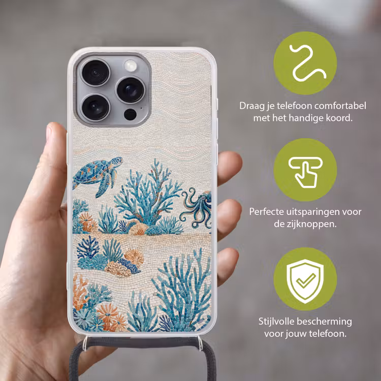 Dieren - Onderwater - Natuur - Mozaïek - Blauw Hoesje iPhone 16 Pro Max met koord klein -sfeer2_NL