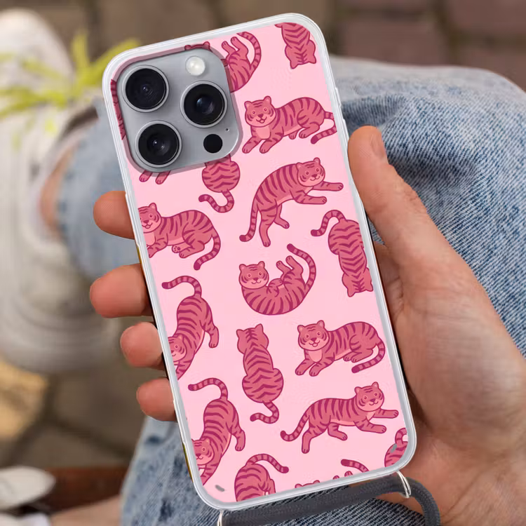 Dieren - Patroon - Roze - Speels - Cartoon Hoesje iPhone 16 Pro Max met koord klein -sfeer3