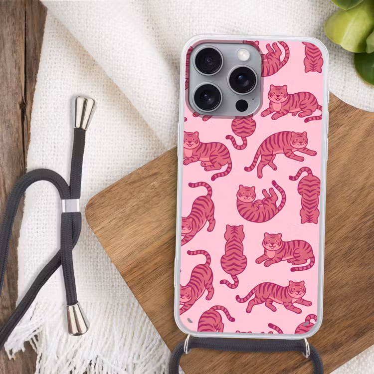 Dieren - Patroon - Roze - Speels - Cartoon Hoesje iPhone 16 Pro Max met koord klein -sfeer4