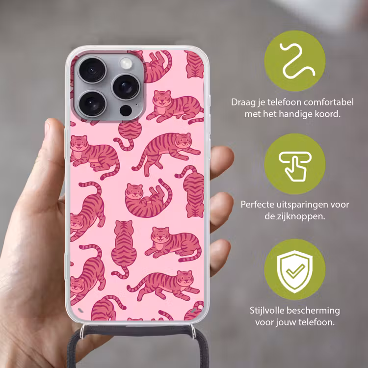 Dieren - Patroon - Roze - Speels - Cartoon Hoesje iPhone 16 Pro Max met koord klein -sfeer2_NL