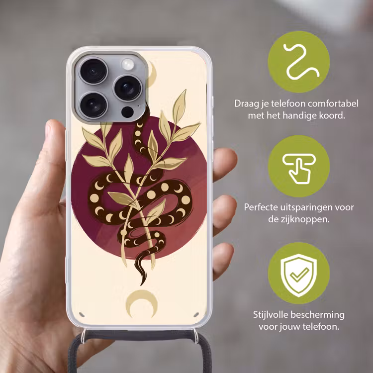 Dieren - Slang - Maan - Mystiek - Abstract Hoesje iPhone 16 Pro Max met koord klein -sfeer2_NL
