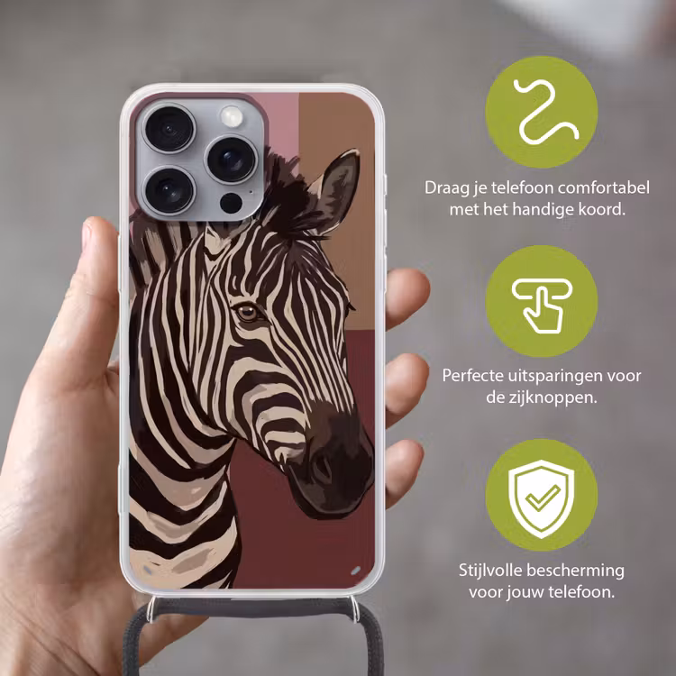 Dieren - Zebrahoofd - Wildlife - Modern - Bruin Hoesje iPhone 16 Pro Max met koord klein -sfeer2_NL