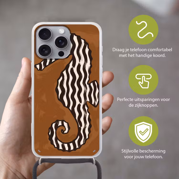 Dieren - Zeepaardje - Abstract - Bruin - Strepen Hoesje iPhone 16 Pro Max met koord klein -sfeer2_NL