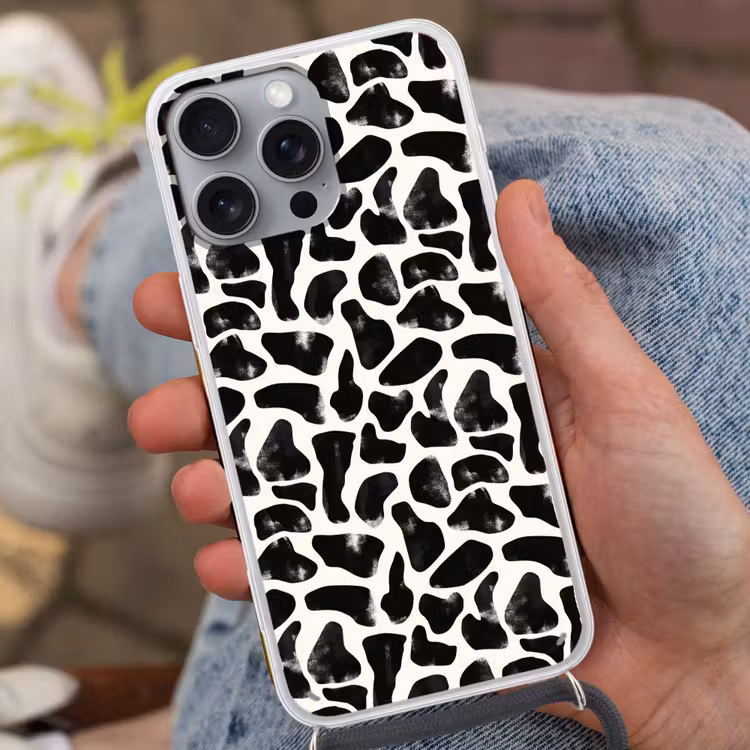 Dierenpatroon - Vlekken - Zwart - Wit Hoesje iPhone 16 Pro Max met koord klein 804 -sfeer3