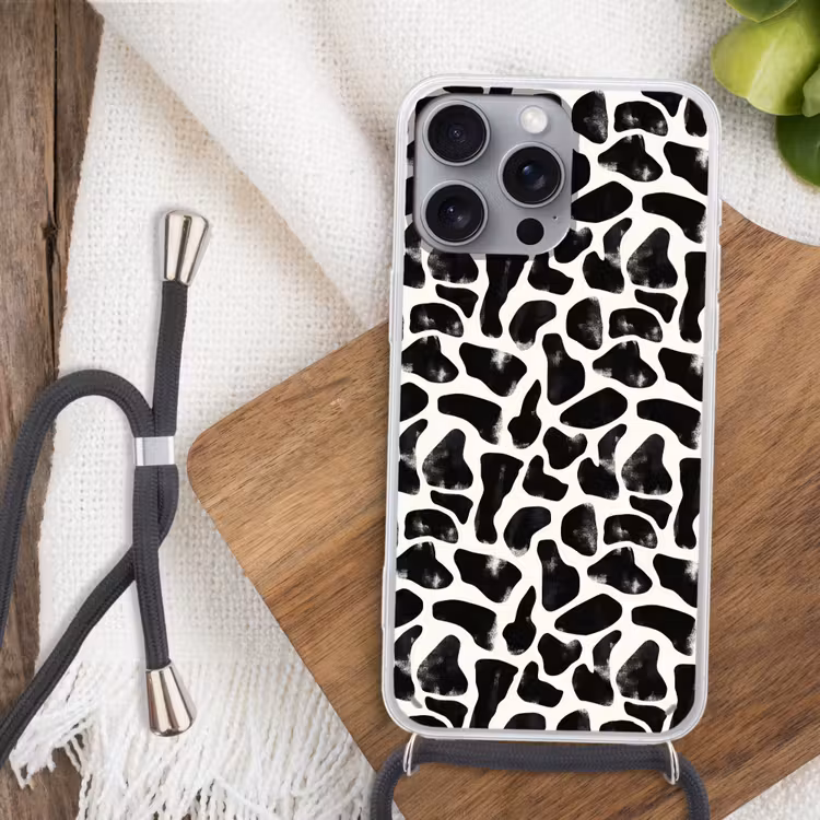 Dierenpatroon - Vlekken - Zwart - Wit Hoesje iPhone 16 Pro Max met koord klein 804 -sfeer4