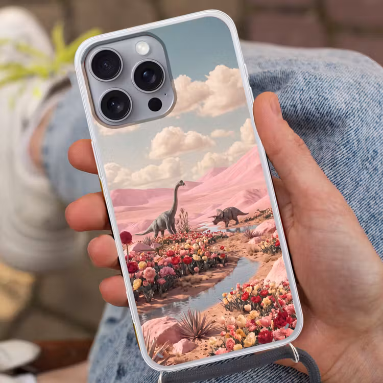 Telefoonhoesje met koord - Dinosaurus - Roze - Landschap — 2