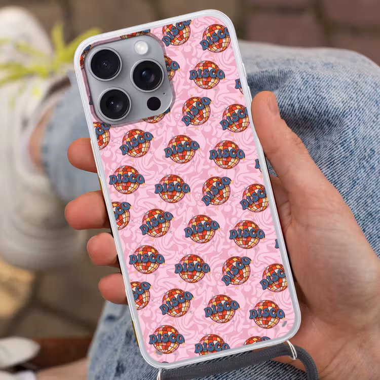 Disco - Bal - Patroon - Roze Hoesje iPhone 16 Pro Max met koord klein 804 -sfeer3