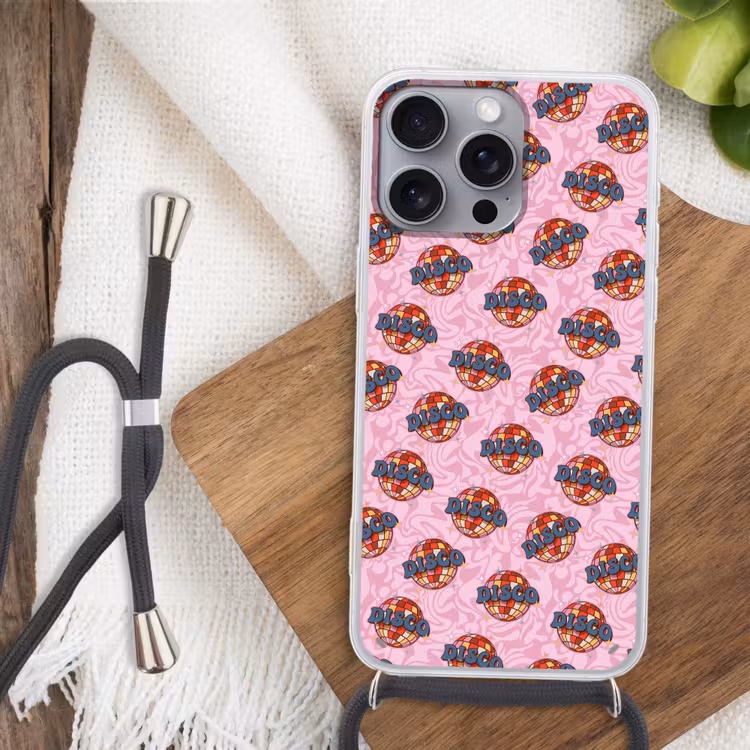 Disco - Bal - Patroon - Roze Hoesje iPhone 16 Pro Max met koord klein 804 -sfeer4