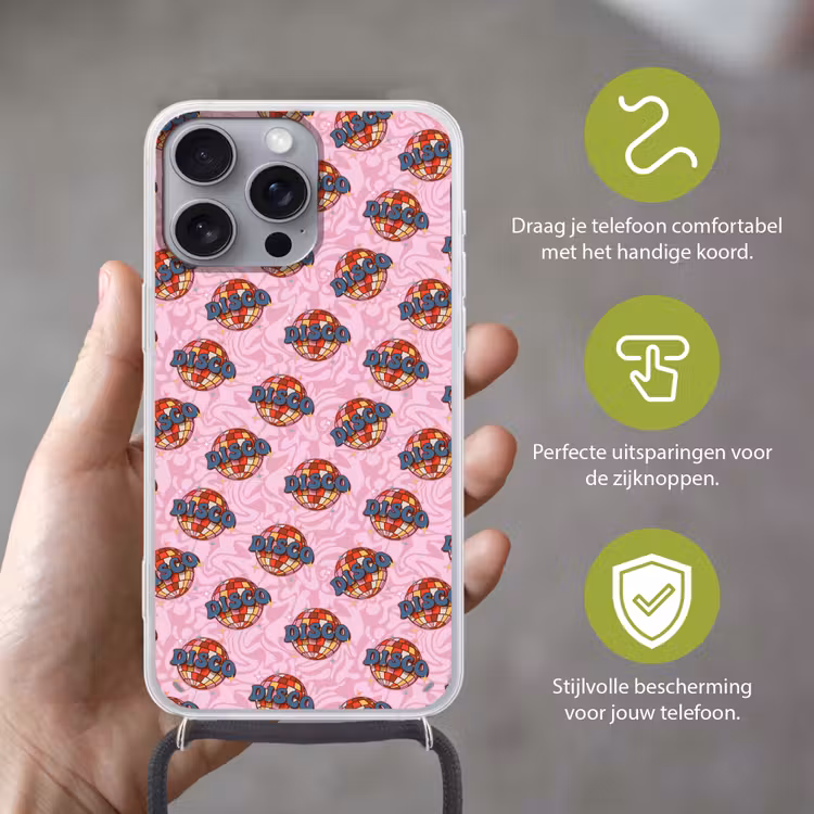 Disco - Bal - Patroon - Roze Hoesje iPhone 16 Pro Max met koord klein 804 -sfeer2_NL