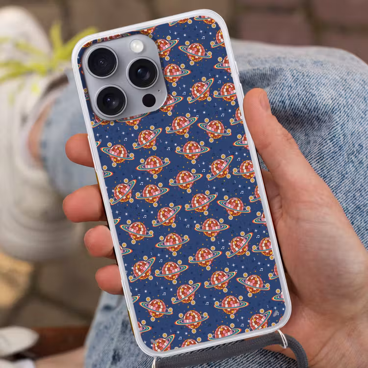 Disco - Blauw - Patroon Hoesje iPhone 16 Pro Max met koord klein 804 -sfeer3