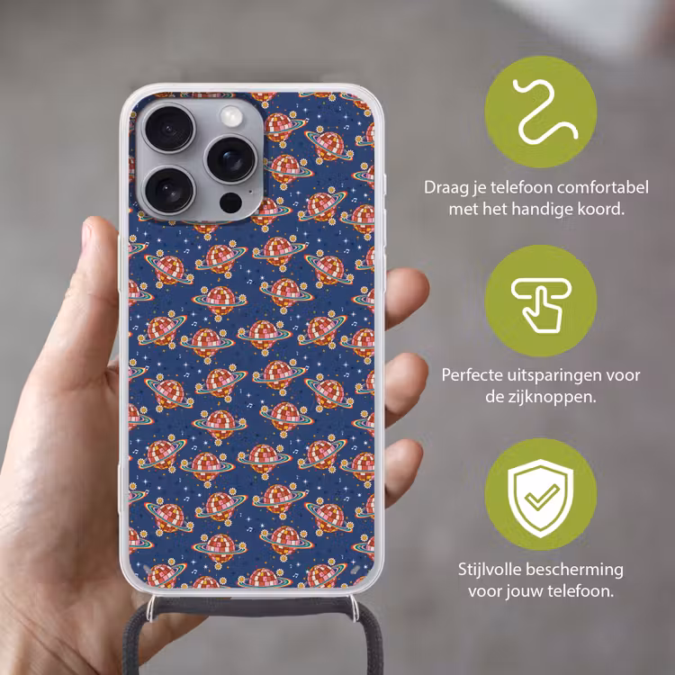 Disco - Blauw - Patroon Hoesje iPhone 16 Pro Max met koord klein 804 -sfeer2_NL