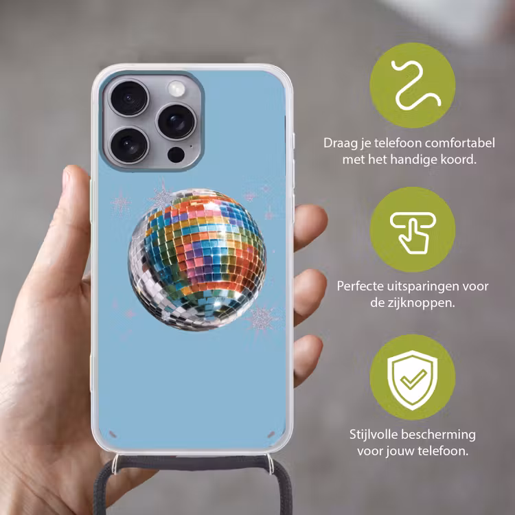 Discobal - Glinsterende sterren - Regenboog Hoesje iPhone 16 Pro Max met koord klein -sfeer2_NL
