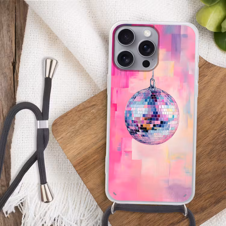 Discobal - Pink - Verf Hoesje iPhone 16 Pro Max met koord klein -sfeer4