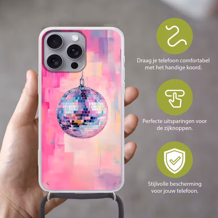 Discobal - Pink - Verf Hoesje iPhone 16 Pro Max met koord klein -sfeer2_NL