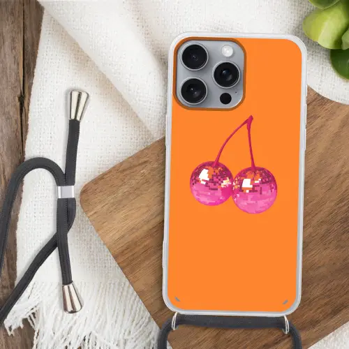 Discoballen - Kers - Spiegels - Roze Hoesje iPhone 16 Pro Max met koord klein -sfeer4