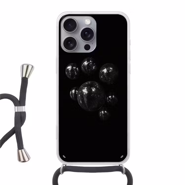 Discoballen - Minimalistisch - Zwart Hoesje iPhone 16 Pro Max met koord klein -3d