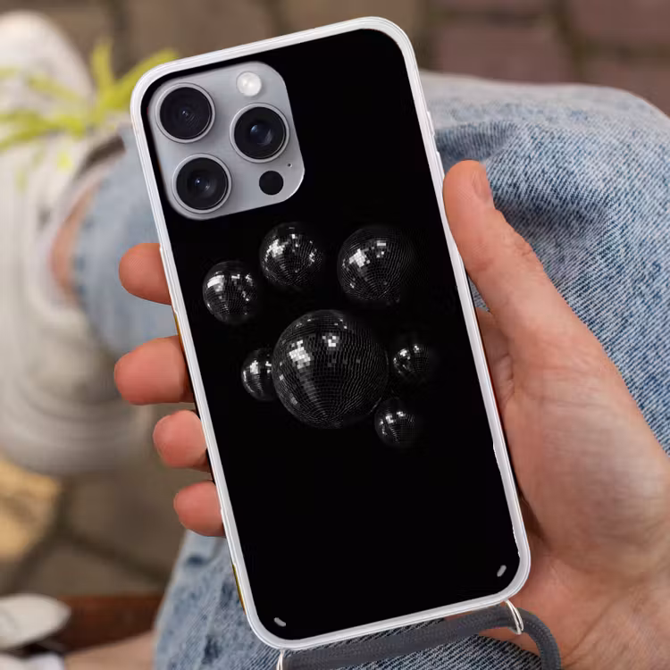 Discoballen - Minimalistisch - Zwart Hoesje iPhone 16 Pro Max met koord klein -sfeer3