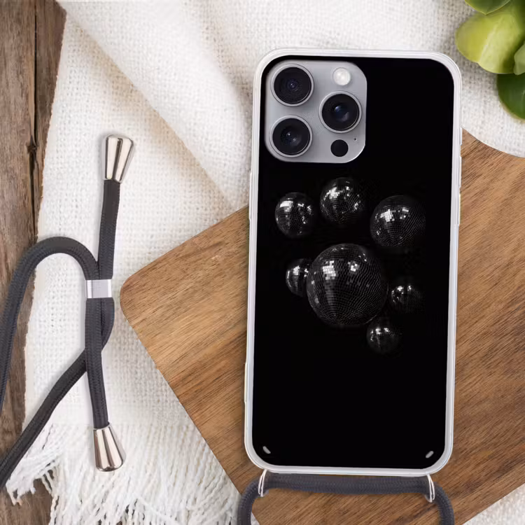Discoballen - Minimalistisch - Zwart Hoesje iPhone 16 Pro Max met koord klein -sfeer4
