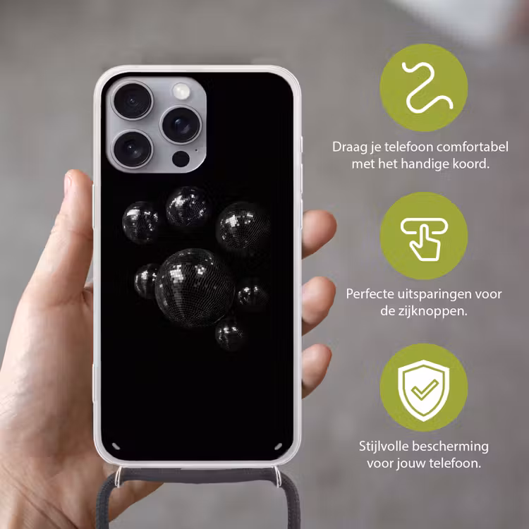 Discoballen - Minimalistisch - Zwart Hoesje iPhone 16 Pro Max met koord klein -sfeer2_NL