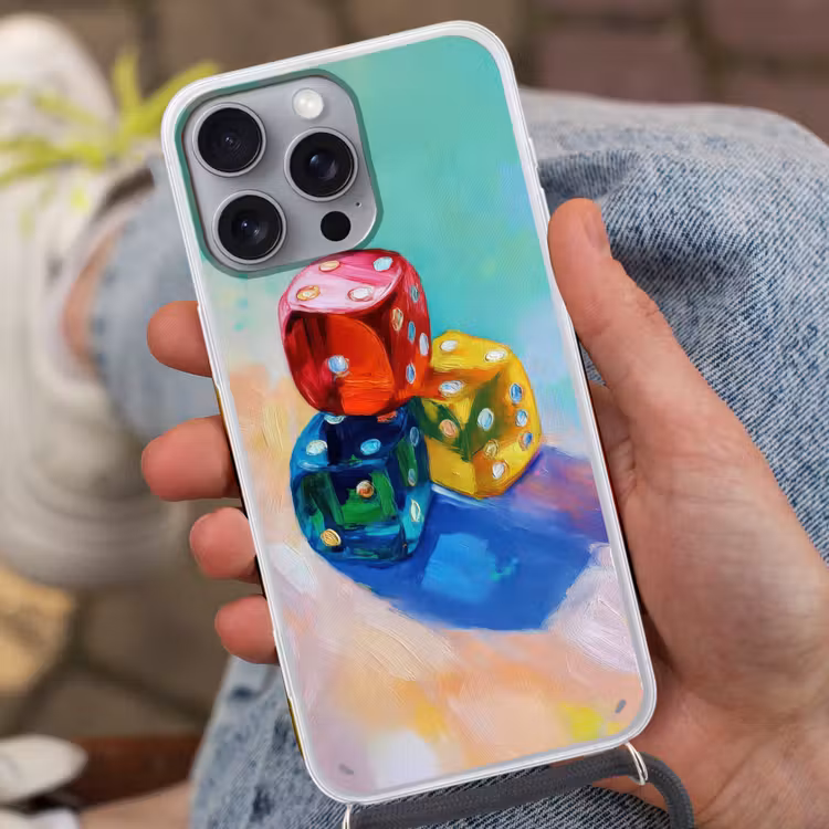 Dobbelstenen - Kleurrijk - Getallen - Stipjes Hoesje iPhone 16 Pro Max met koord klein -sfeer3