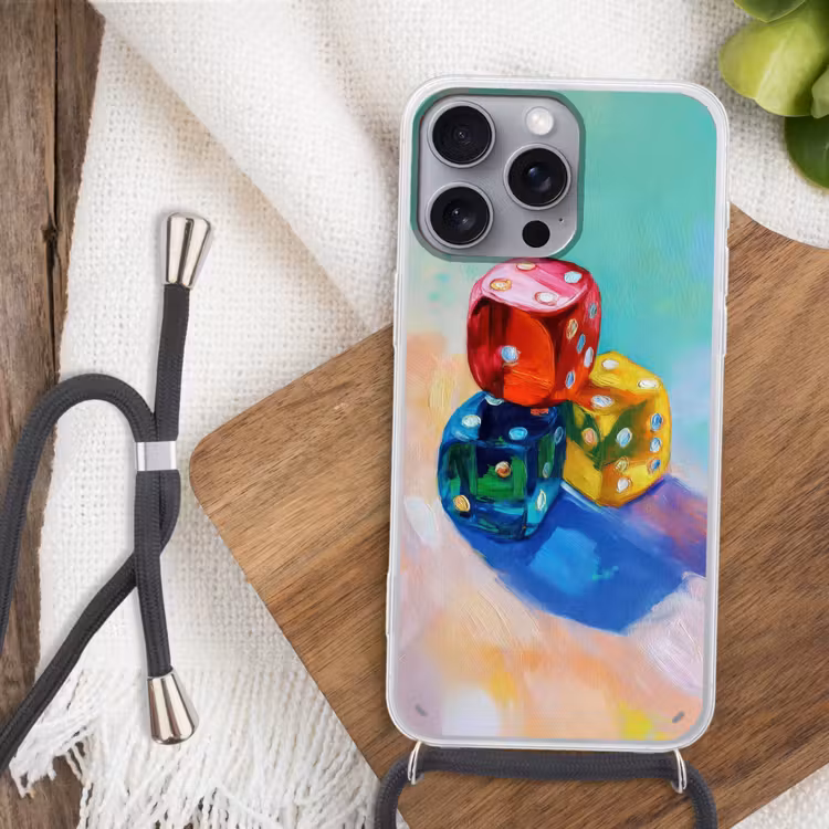Dobbelstenen - Kleurrijk - Getallen - Stipjes Hoesje iPhone 16 Pro Max met koord klein -sfeer4