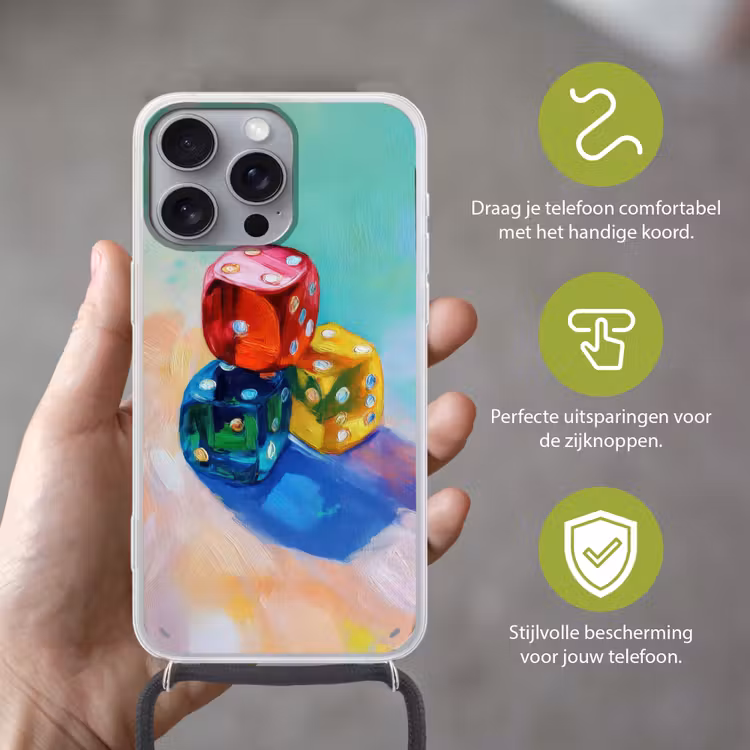Dobbelstenen - Kleurrijk - Getallen - Stipjes Hoesje iPhone 16 Pro Max met koord klein -sfeer2_NL