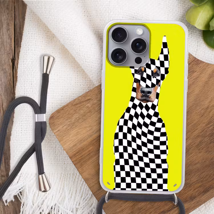 Dobermann - Geblokt - Geel Hoesje iPhone 16 Pro Max met koord klein -sfeer4