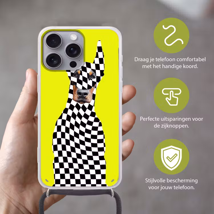 Dobermann - Geblokt - Geel Hoesje iPhone 16 Pro Max met koord klein -sfeer2_NL
