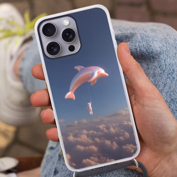 Dolfijn - Roze - Astronaut Hoesje iPhone 16 Pro Max met koord klein -sfeer3