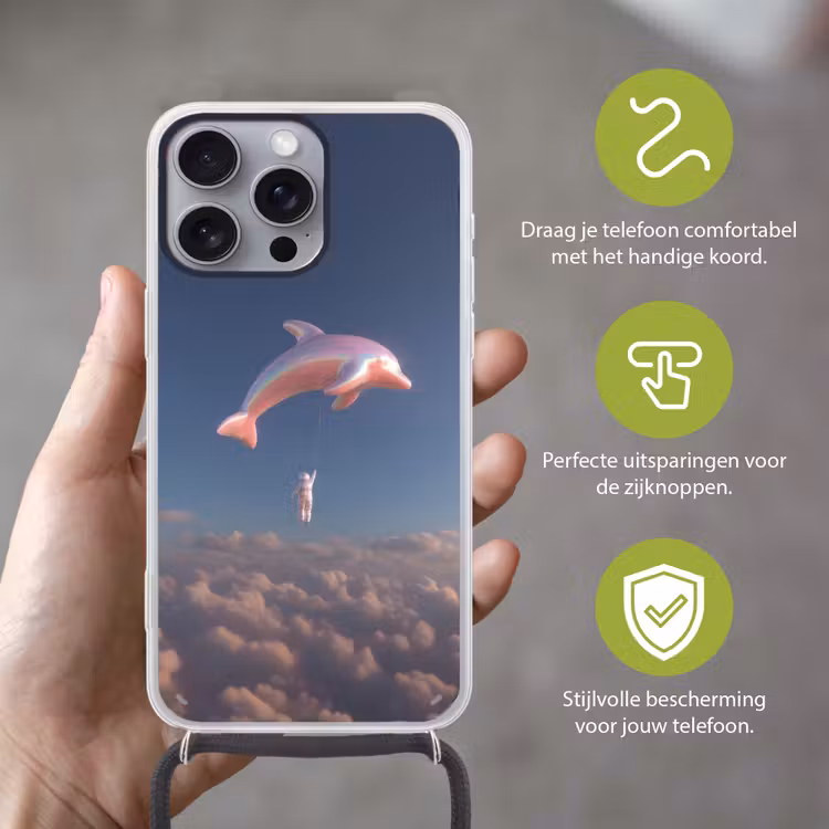 Dolfijn - Roze - Astronaut Hoesje iPhone 16 Pro Max met koord klein -sfeer2_NL