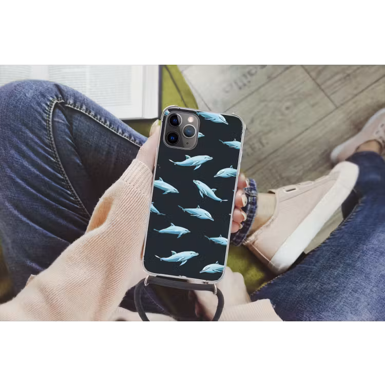 Dolfijnen - Patroon - Blauw - Grijs Hoesje iPhone 12 Pro met koord klein -hand
