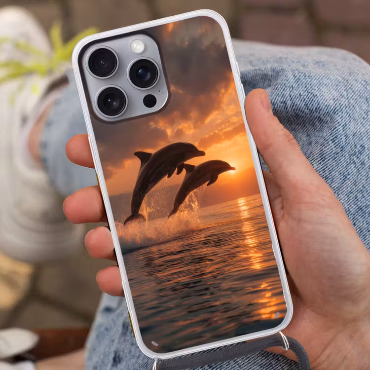 Dolfijnen - Zee - Realistisch Hoesje iPhone 16 Pro Max met koord klein -sfeer3