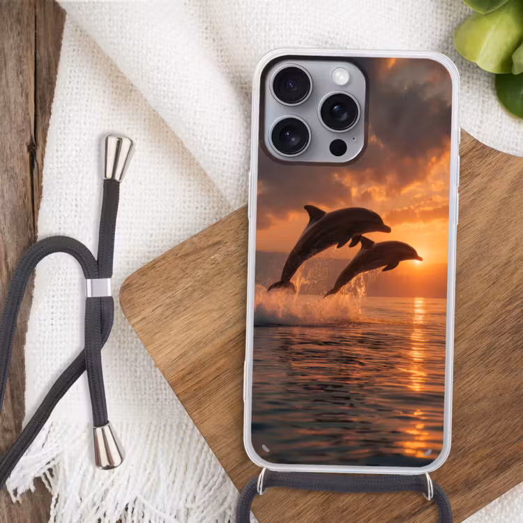 Dolfijnen - Zee - Realistisch Hoesje iPhone 16 Pro Max met koord klein -sfeer4