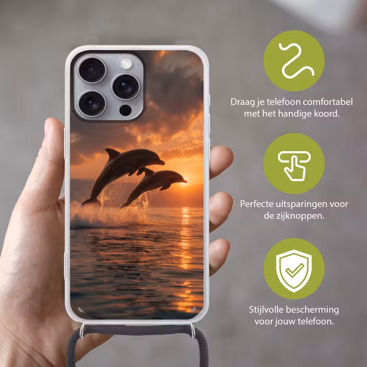 Dolfijnen - Zee - Realistisch Hoesje iPhone 16 Pro Max met koord klein -sfeer2_NL
